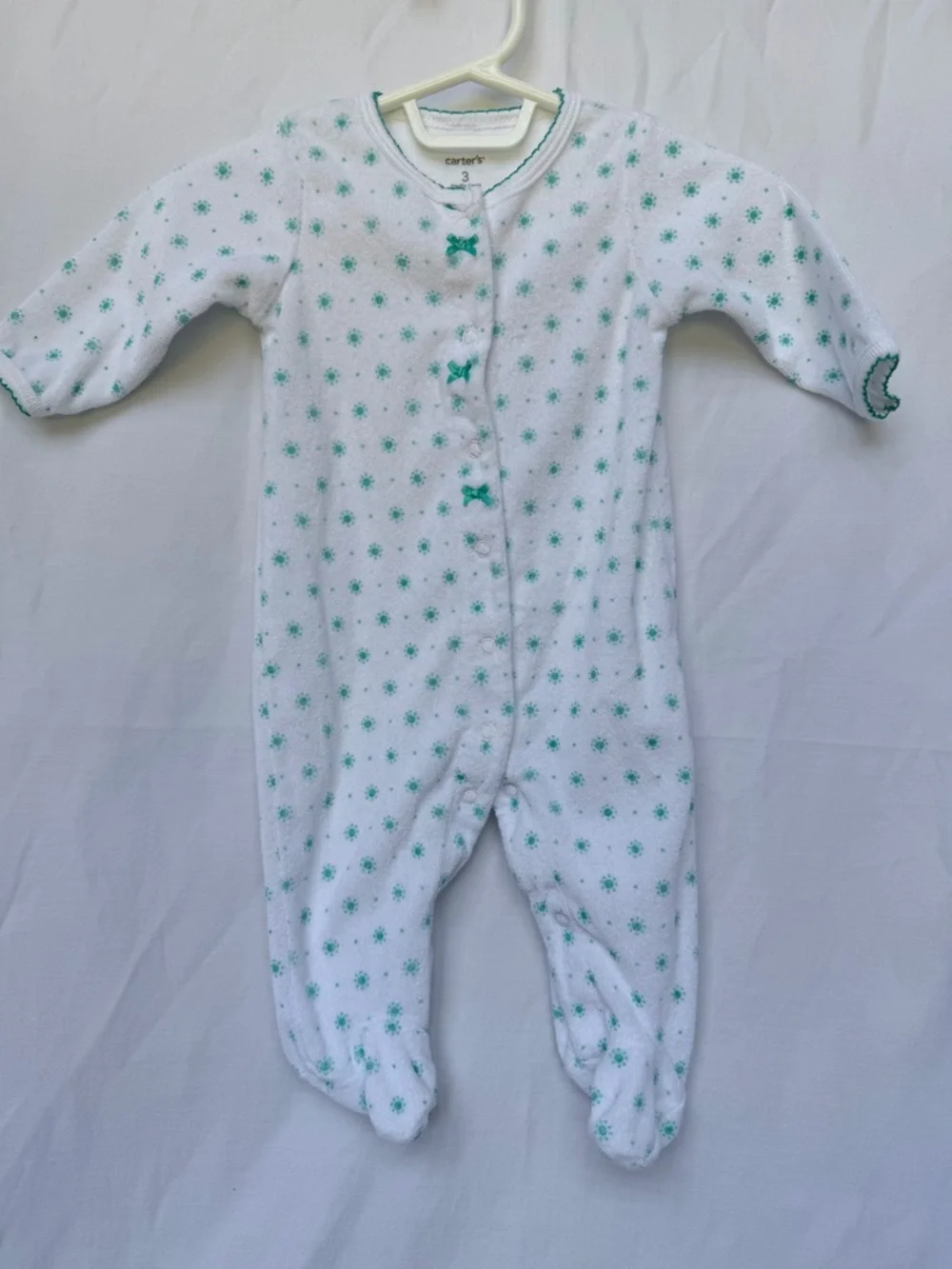3 MTH Carter's White Footed One-Piece with Teal Star Dots